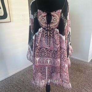 Free People Boho Black and Purple Patterned Long Sleeve Dress